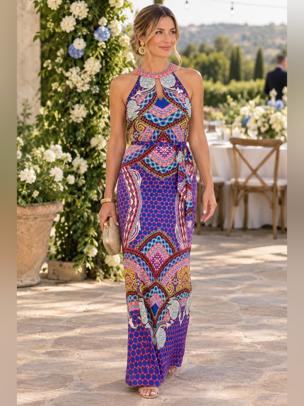 Purple Printed Halter Maxi Dress with Side Tie
